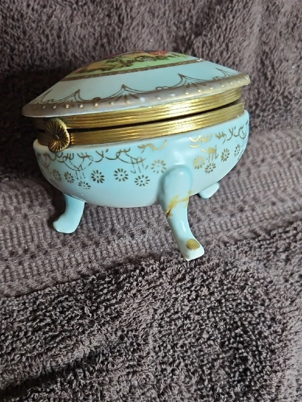 Blue and Gold Porcelain Trinket Box with Romantic Scene